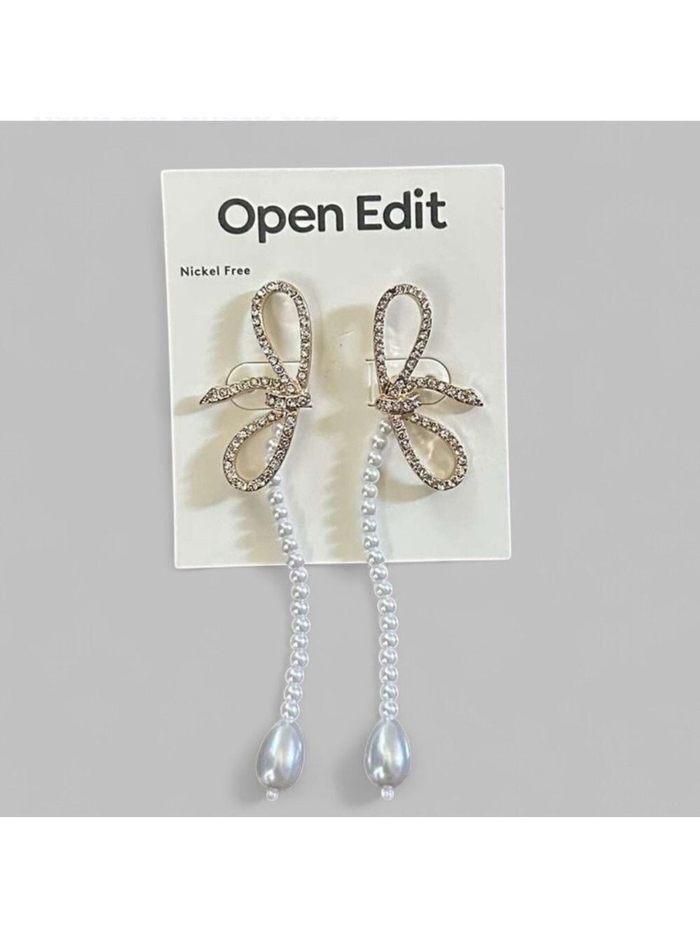 Open Edit-Crystal Bow Faux Pearl Drop Earrings-Gold/White-NWT - Picture 4 of 4